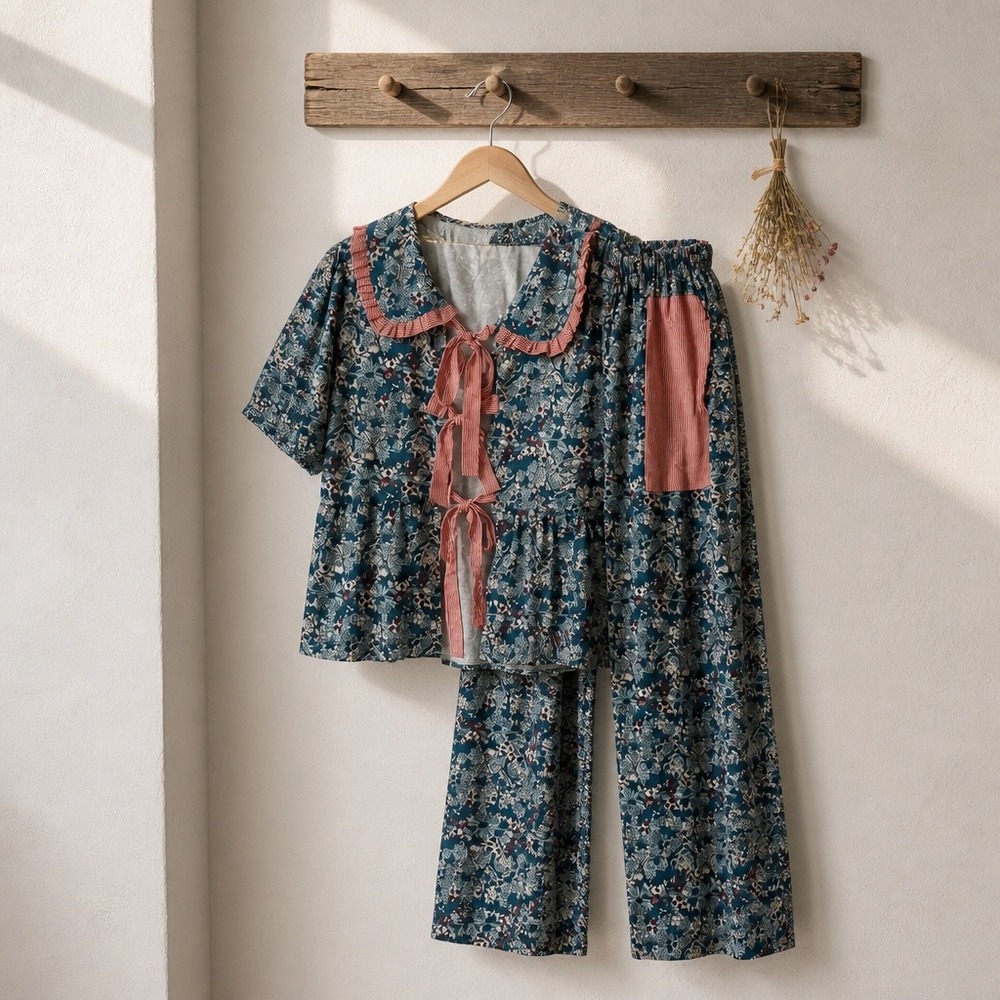 Sunday Up Womens Floral Set Blue floral w Stripe Ruffle Peter Pan Collar Large